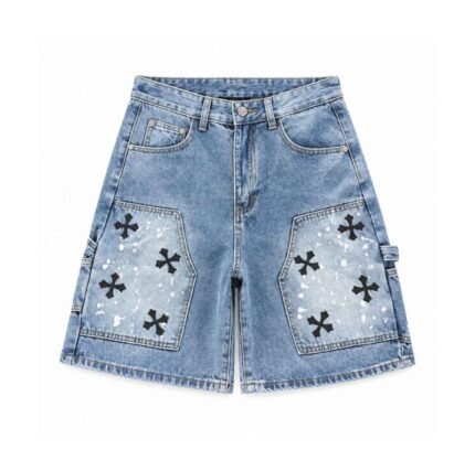 Chrome Hearts Light Blue Splatter Cross Denim Shorts