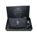 Chrome Hearts Black Leather Cross Wristlet Pouch