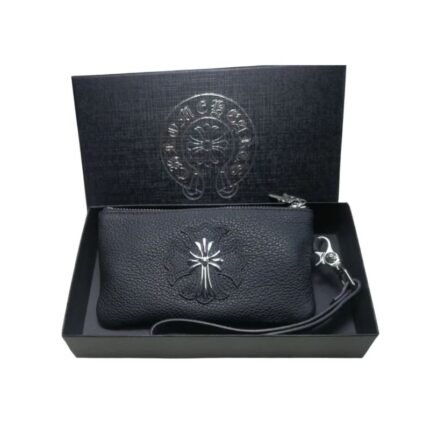 Chrome Hearts Black Leather Cross Wristlet Pouch